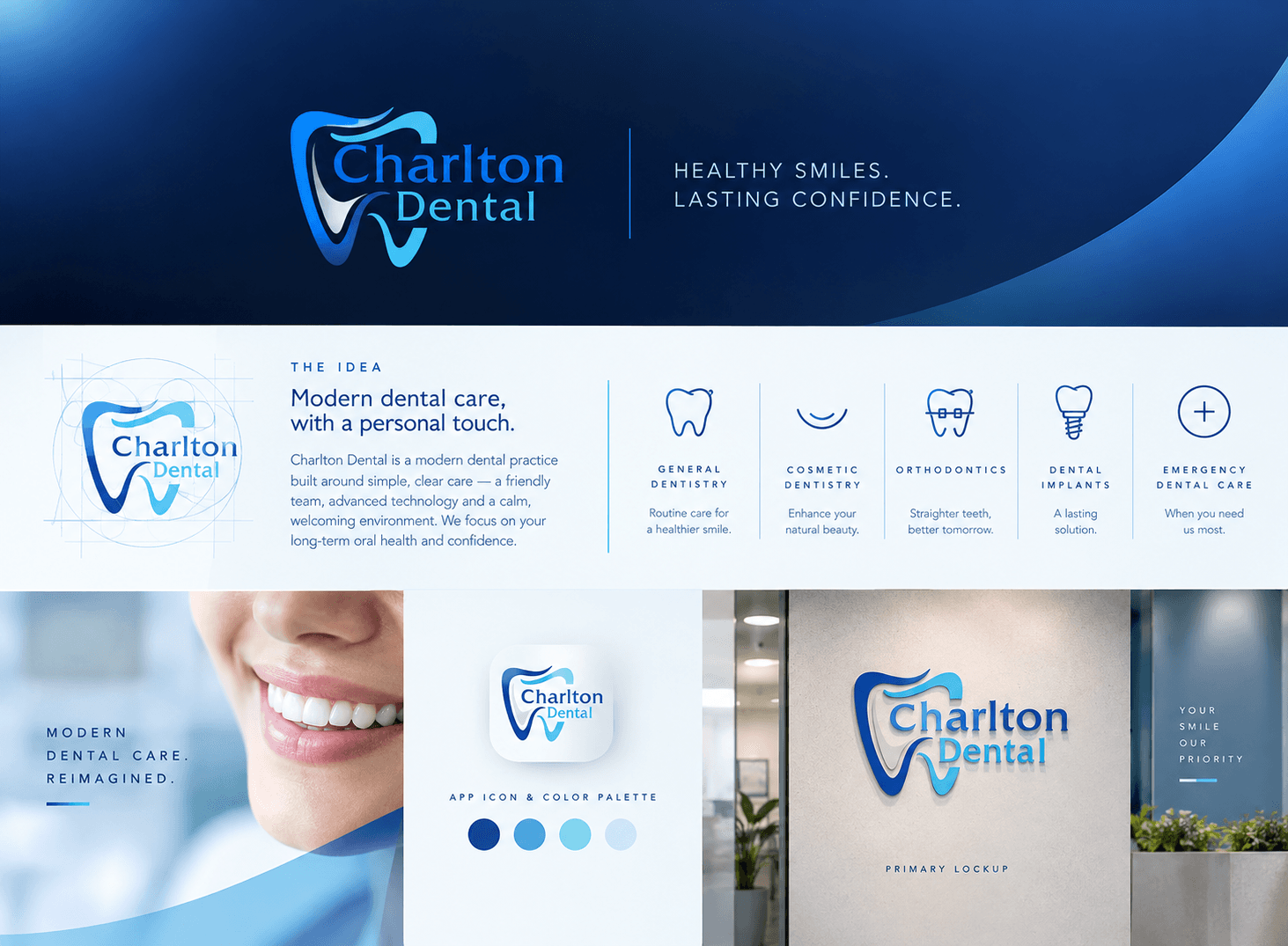 Charlton Dental brand board: a flowing tooth mark and wordmark, the brand idea, icons for five treatments, an app icon, a blue colour palette and the logo on a reception wall