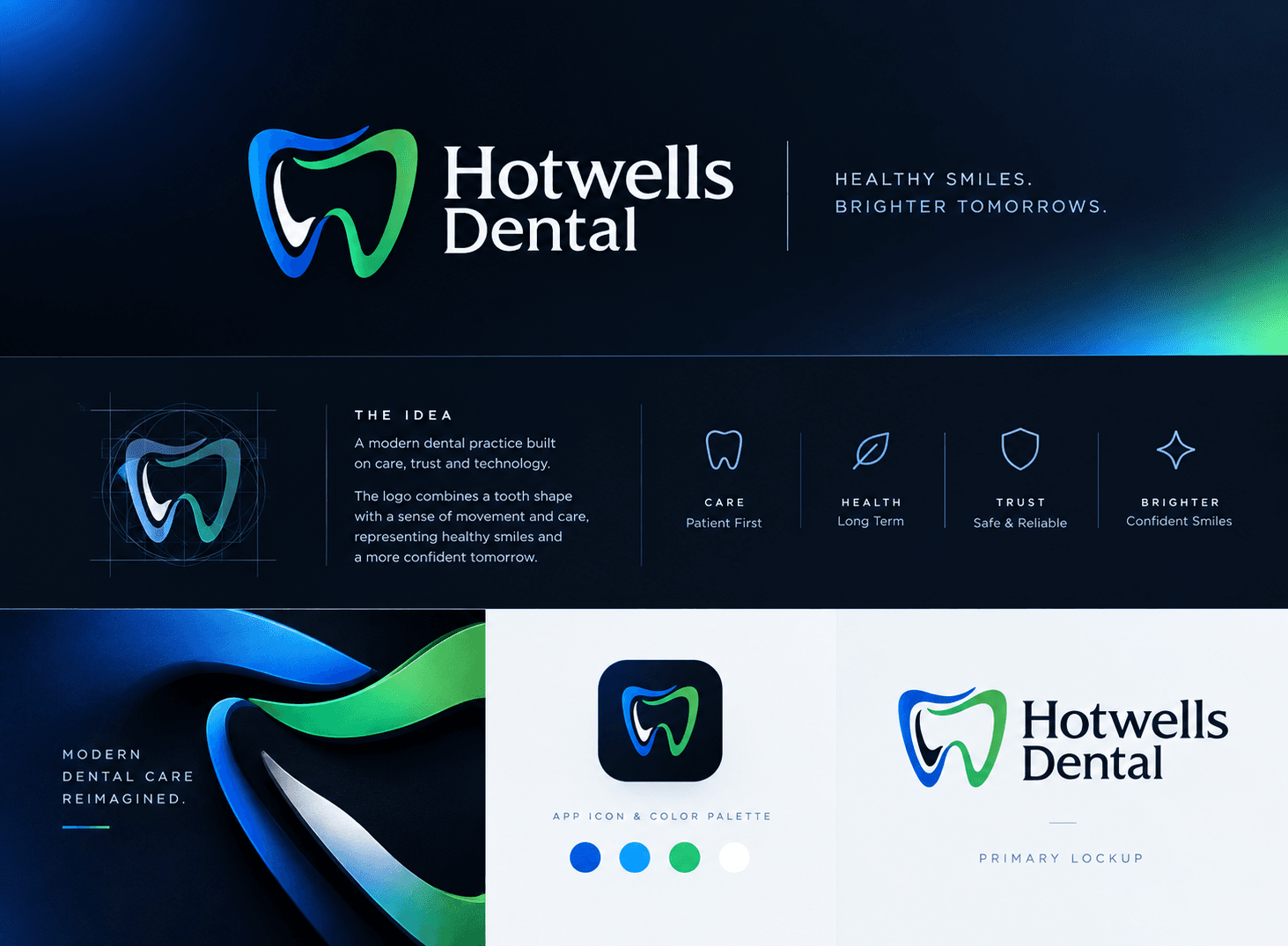 Hotwells Dental brand board: a blue-to-green tooth mark with a serif wordmark, the brand idea, four brand values, an app icon, the colour palette and the primary lockup