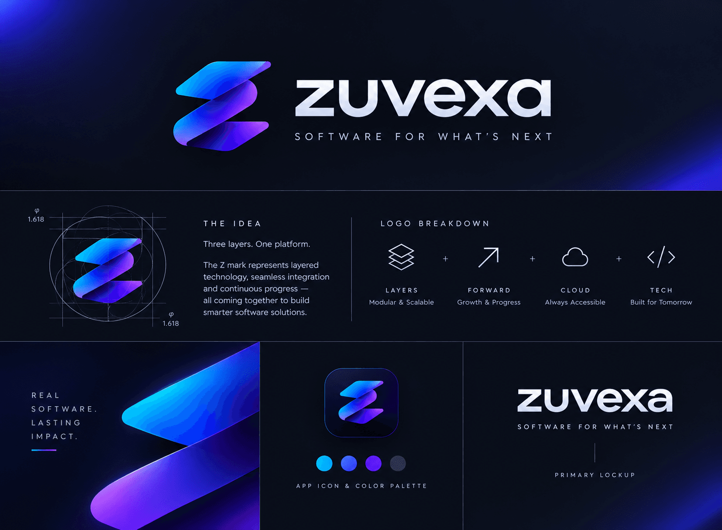 Zuvexa brand board: the layered Z mark and wordmark, its golden-ratio construction, four brand pillars, an app icon, the colour palette and the primary lockup